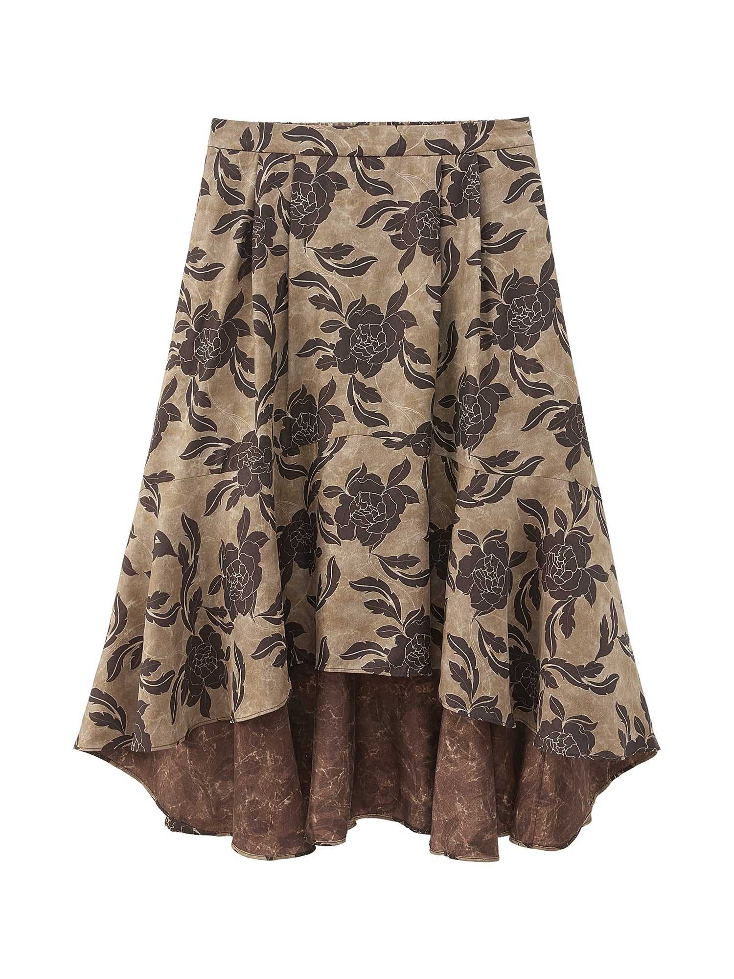 Vintage Film-Inspired 'Coffee Blossom' Cupro & Rayon Blend Matte Finish Asymmetrical Hem Midi Skirt