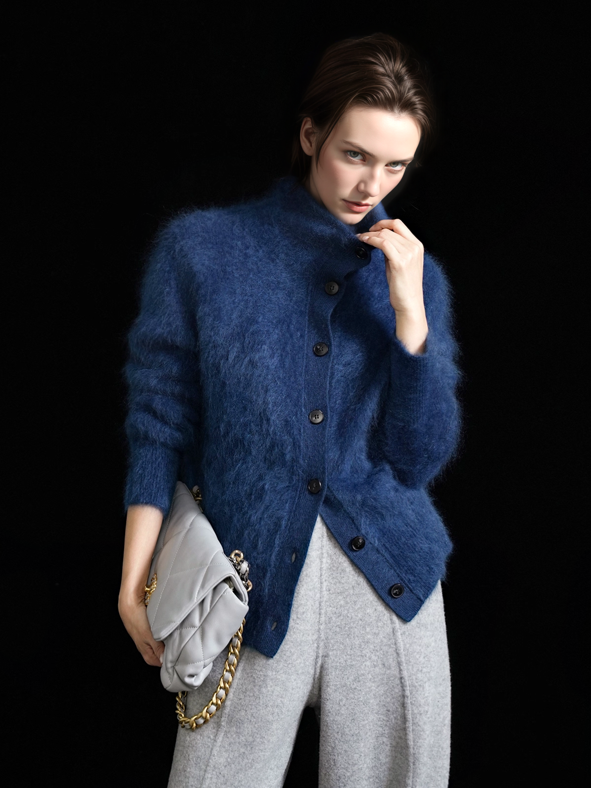 Premium Brushed  Cashmere 100% Stand-Collar Button Cardigan for Women