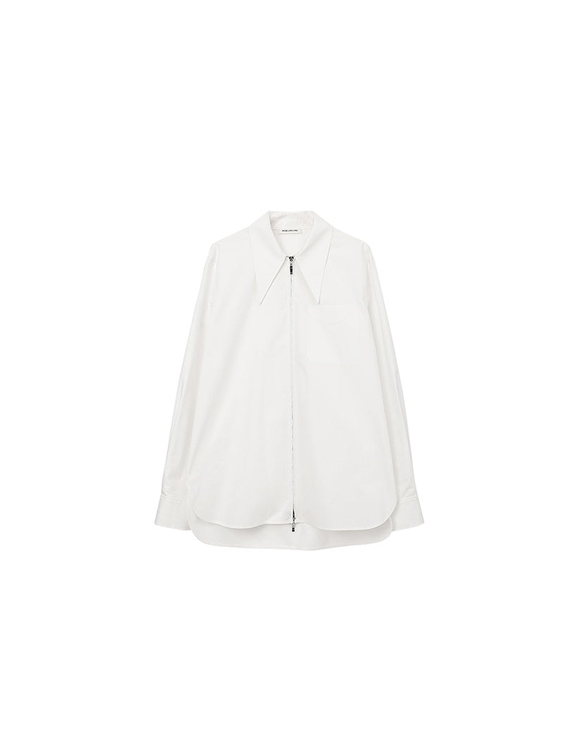 Double Zipper Sharp-Collar Shirt | High-Density Slim Fit Paper-Feel Commuter Blouse for Women
