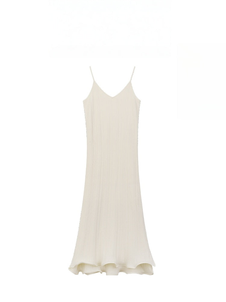 Elegant Merino Wool Maxi Dress – Soft Wavy Knit Spaghetti Strap Long Dress for Women