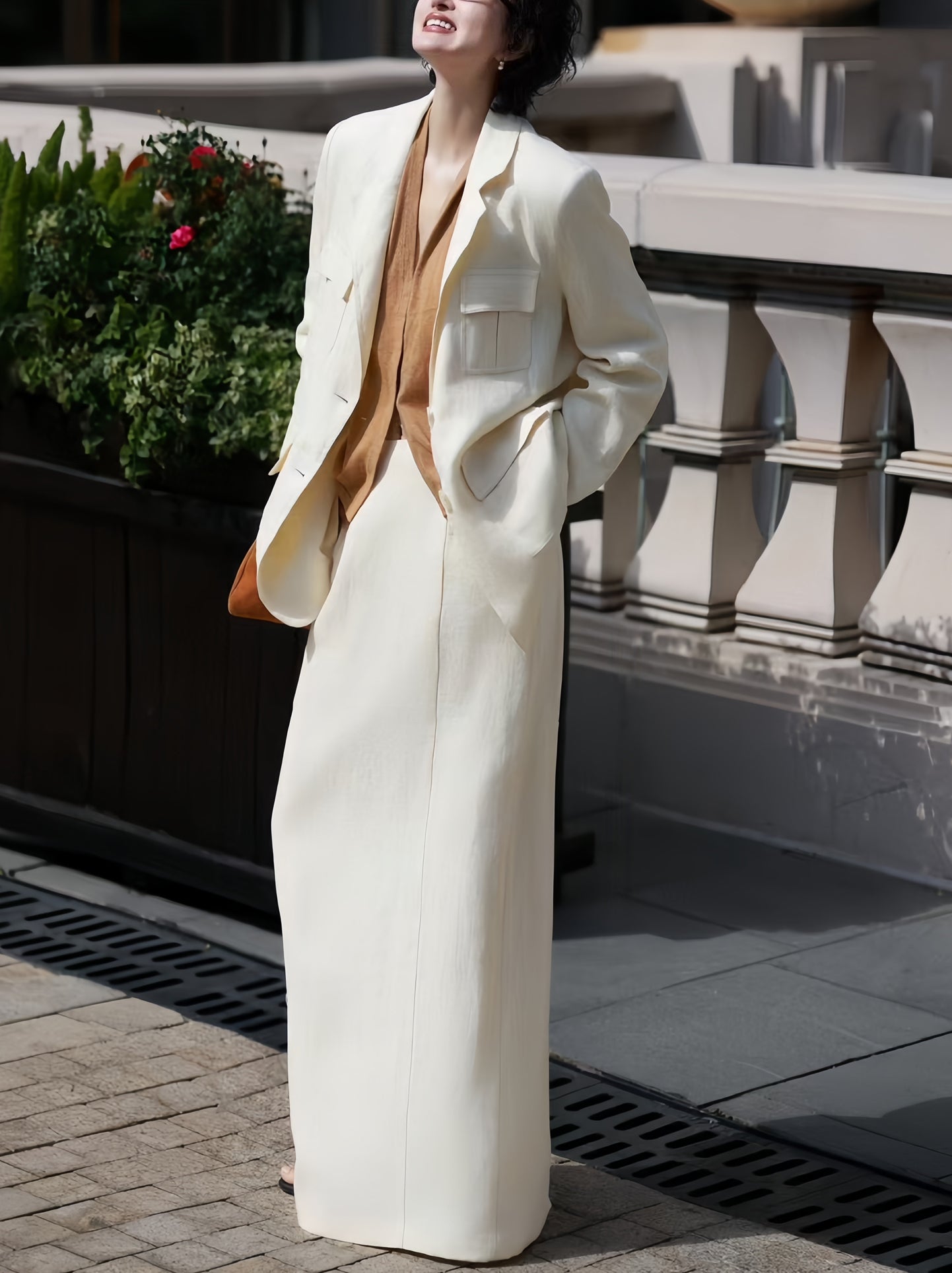 Old Money Autumn Suit Set – Relaxed Linen Blazer & Skirt Two-Piece