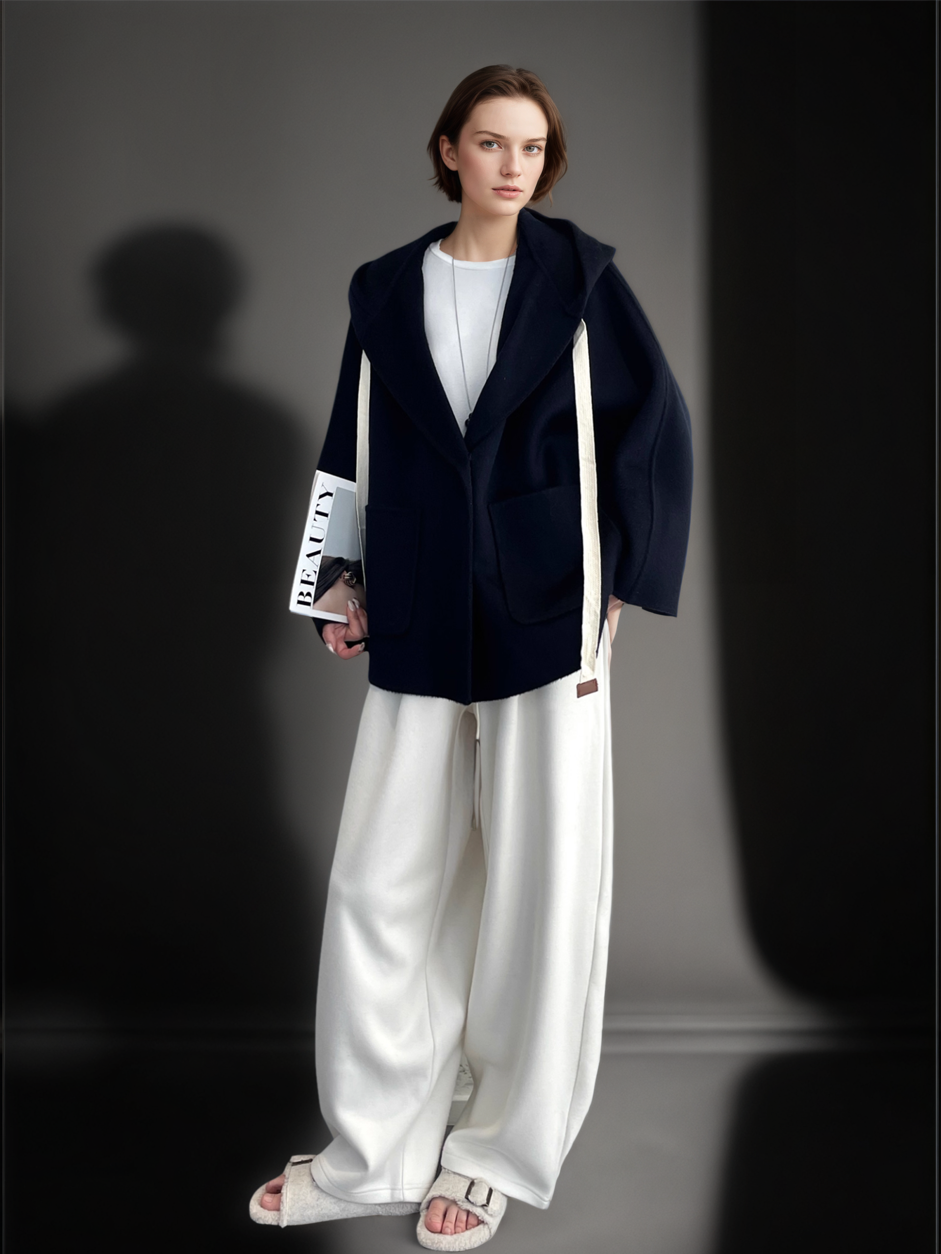 Women’s 100% Wool Hooded Coat | Loose Fit Double-Faced Woolen Cocoon Overcoat