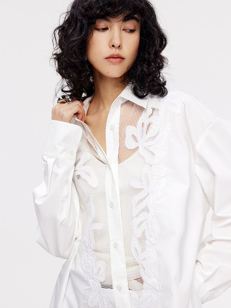 Chic Intellectual Lace Blouse | Elegant ROW Style Hollow-Out Design Oversized White Shirt