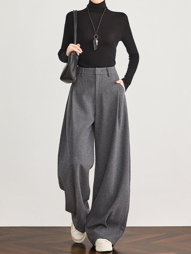 Women's Gray Wool Wide-Leg Suit Pants – Premium Draped Wool-Blend Trousers for Fall/Winter