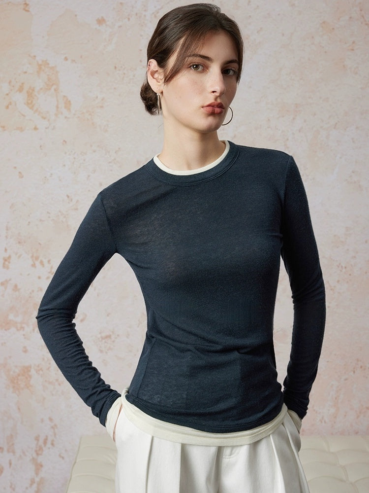 Two-Piece Wool Knit Sweater – Slim Fit Round Neck Long Sleeve Turtleneck with Color-Block Design