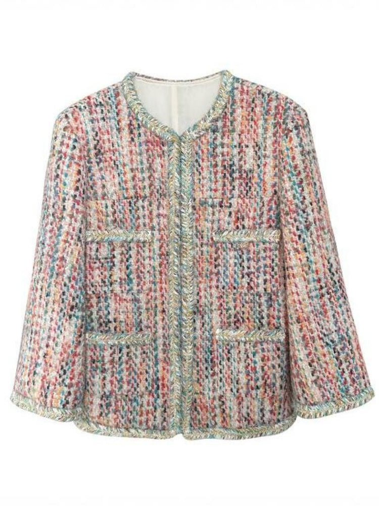 Luxury Tweed Short Jacket for Women – Handwoven Colorful Yarn Chanel-Inspired Round Neck Blazer, Autumn Fashion