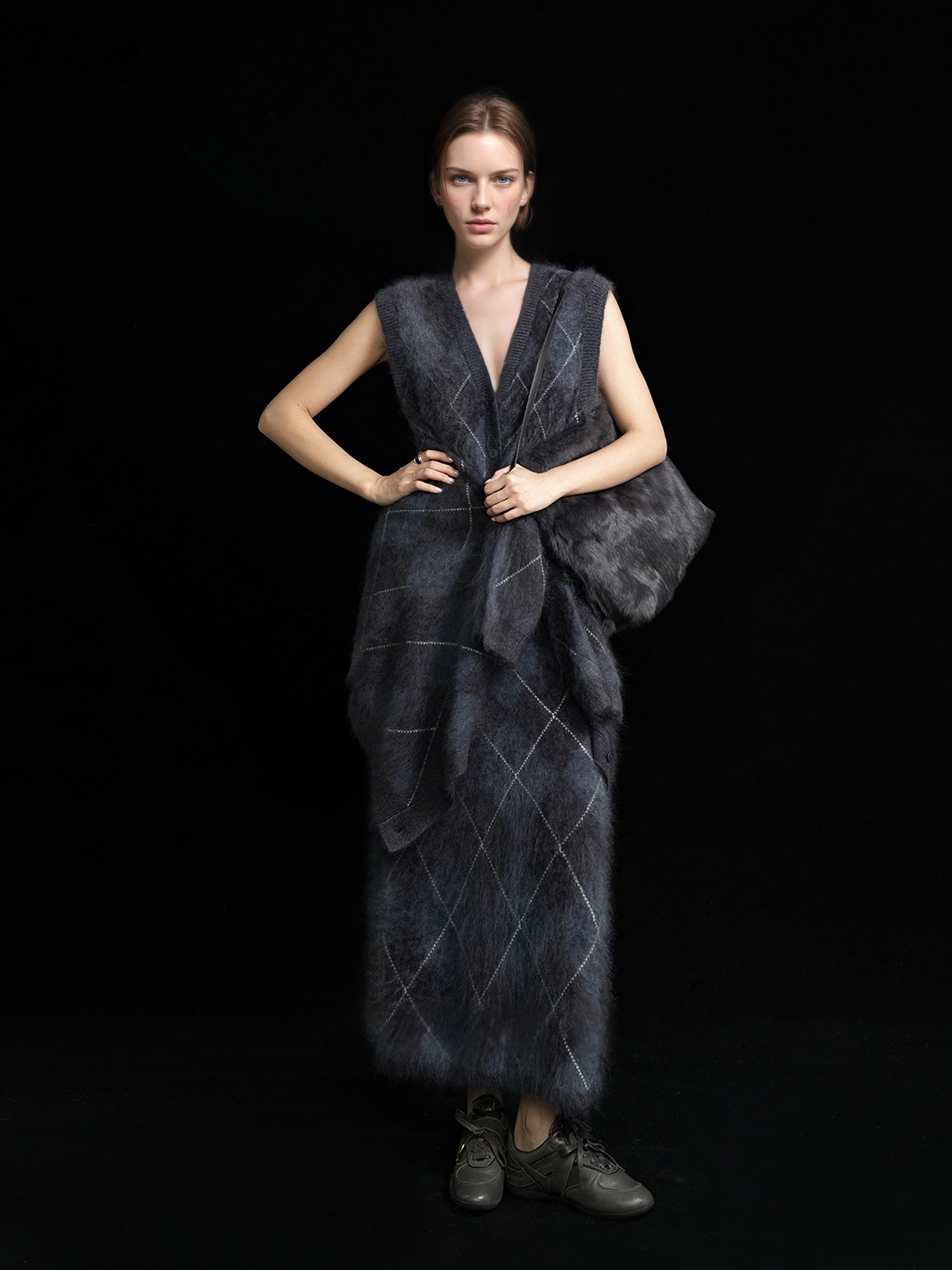 Heavyweight Brushed Knit Vintage Diamond-Pattern Sweater Vest for Women