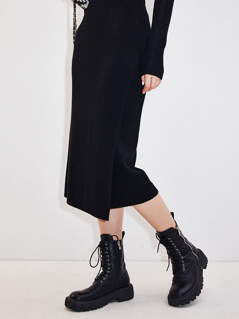 German Wool Yarn Ribbed Knit Pencil Skirt – Elegant Split Hem Wool Midi Skirt for Work