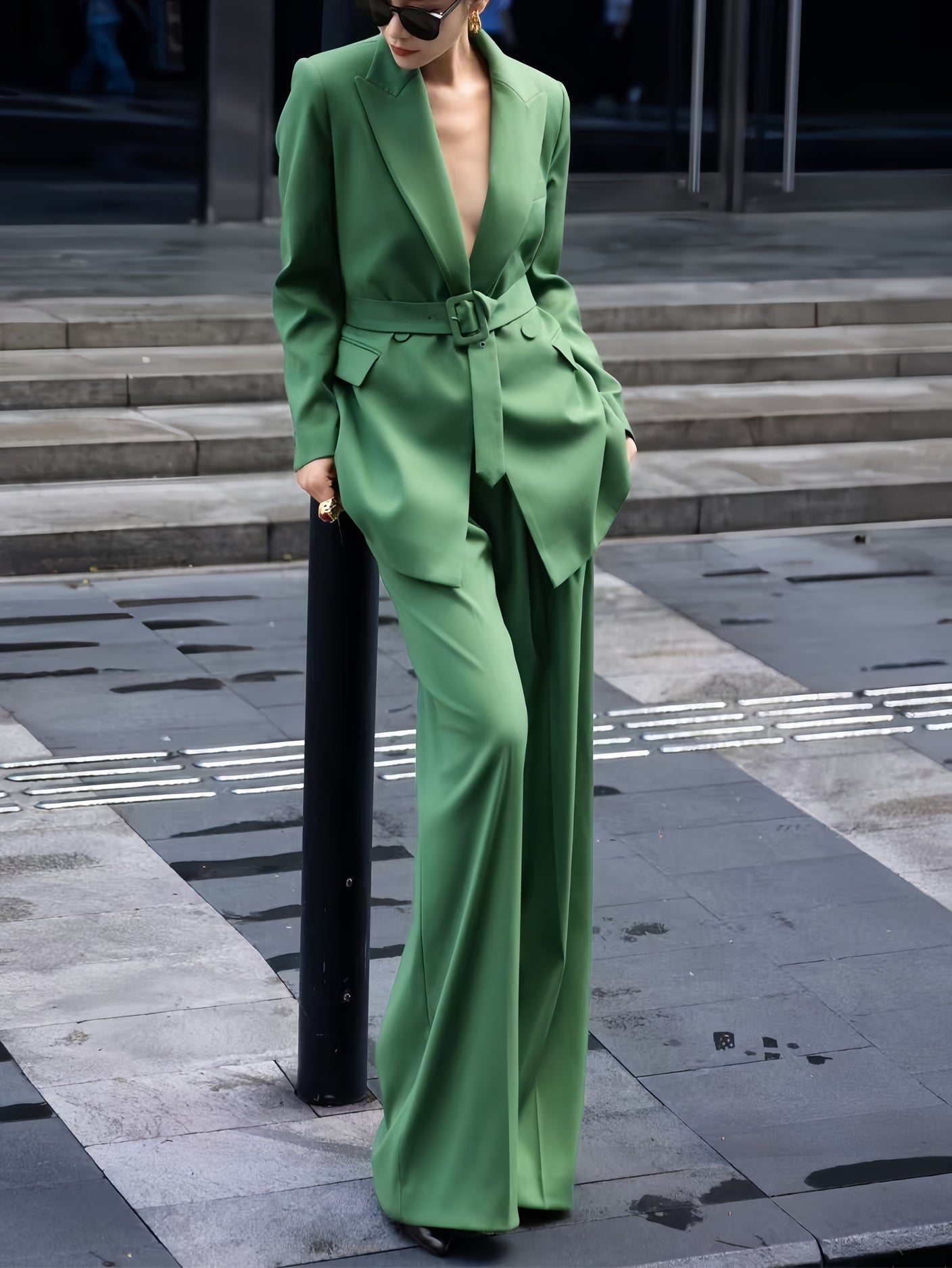 Luxury Custom Tailored Women's Suit Set | Designer Belted Vest, Blazer & Wide-Leg Trousers - Elegant Quiet Luxury Professional Three-Piece Outfit
