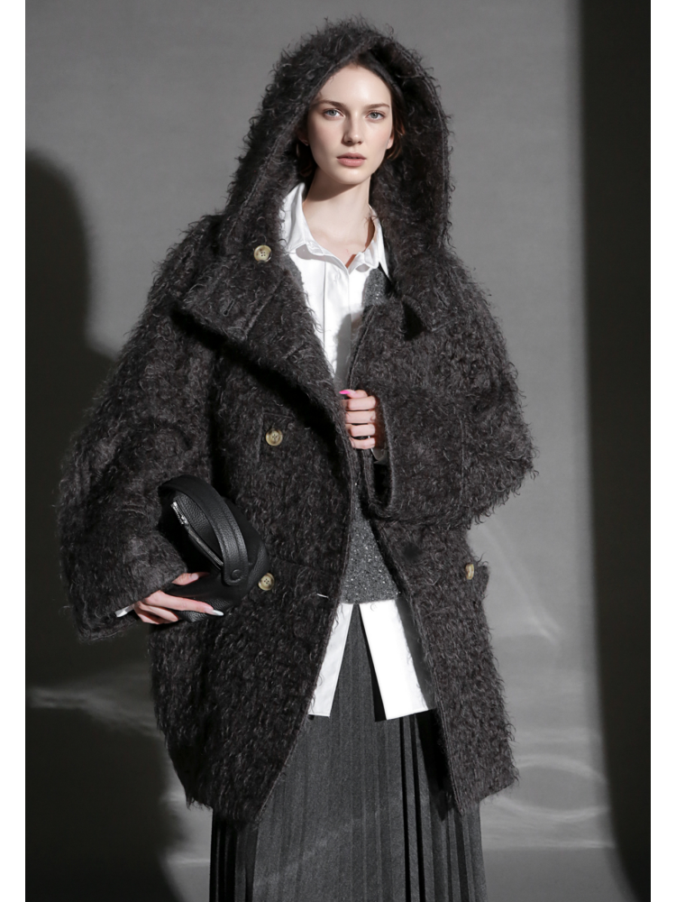 Cloud Plush Hooded Mohair Wool Coat for Women – Double-Faced Teddy Textured Wool Overcoat, Soft and Warm Winter Outerwear