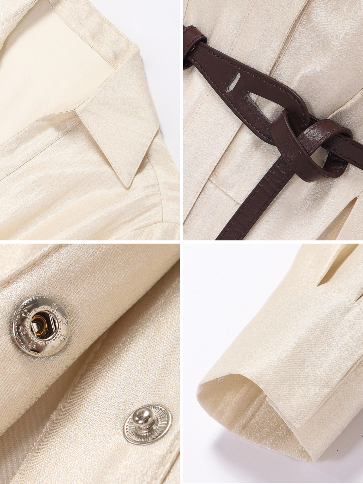 Silk Jacquard Satin Shirt Dress for Women – Belted Waist Flared A-Line Long Dress with Lustrous Finish