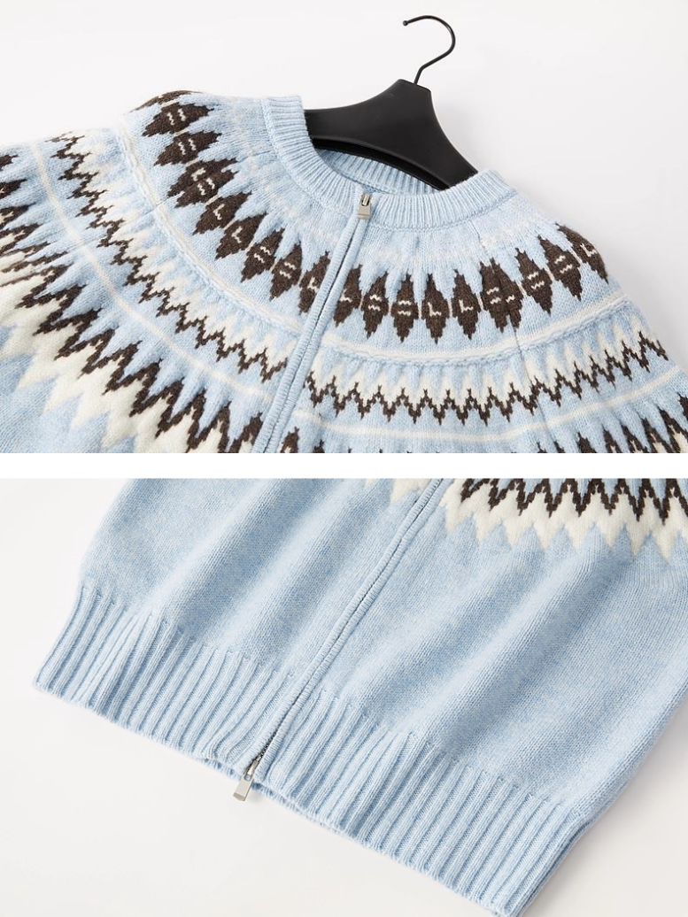 100% Wool Fair Isle Zip-Up Sweater for Women – Winter Knitted Cardigan