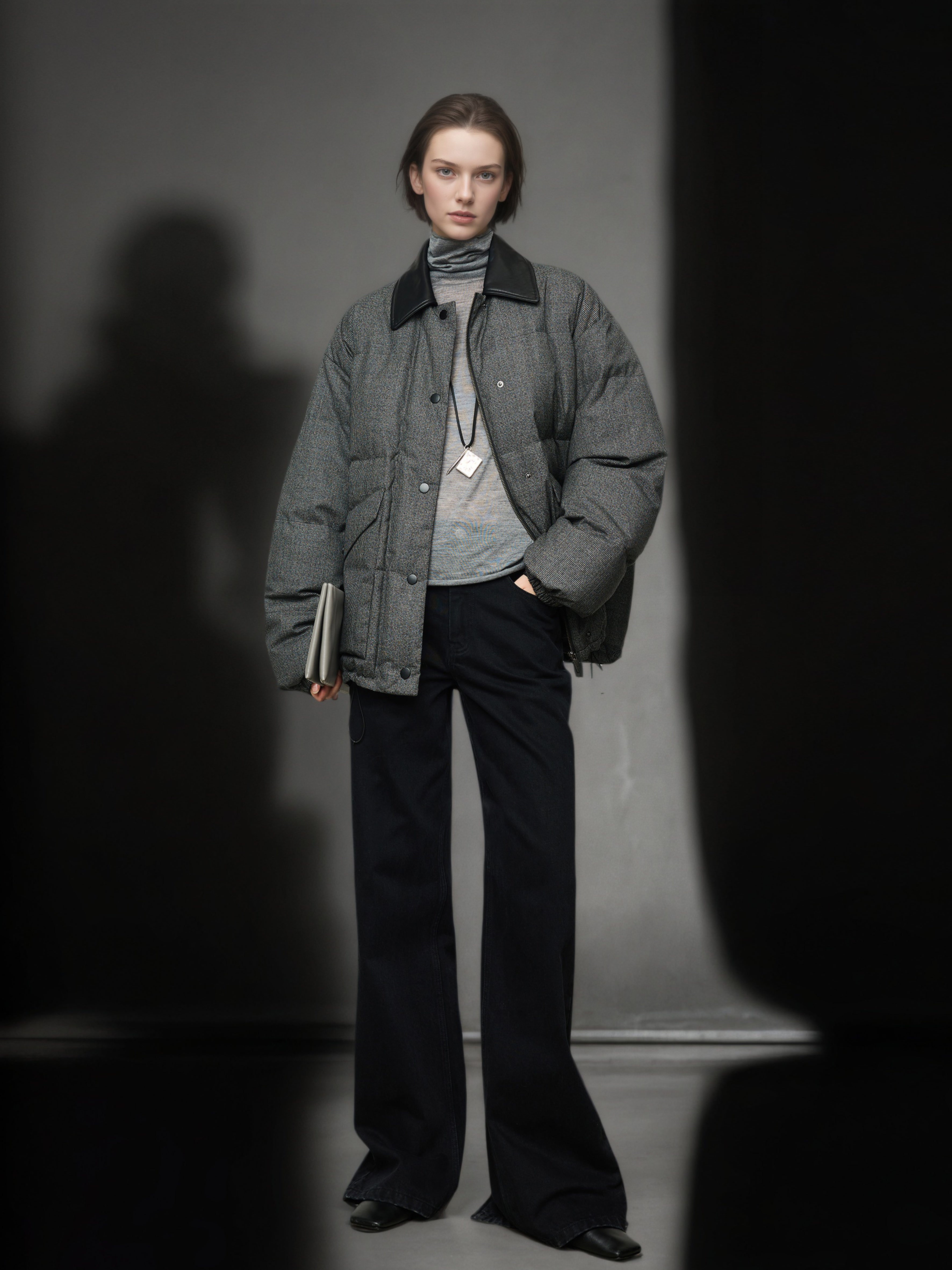 95% White Goose Down Lightweight Puffer Jacket for Women with Leather-Trim Collar and Relaxed MIU-Inspired Design