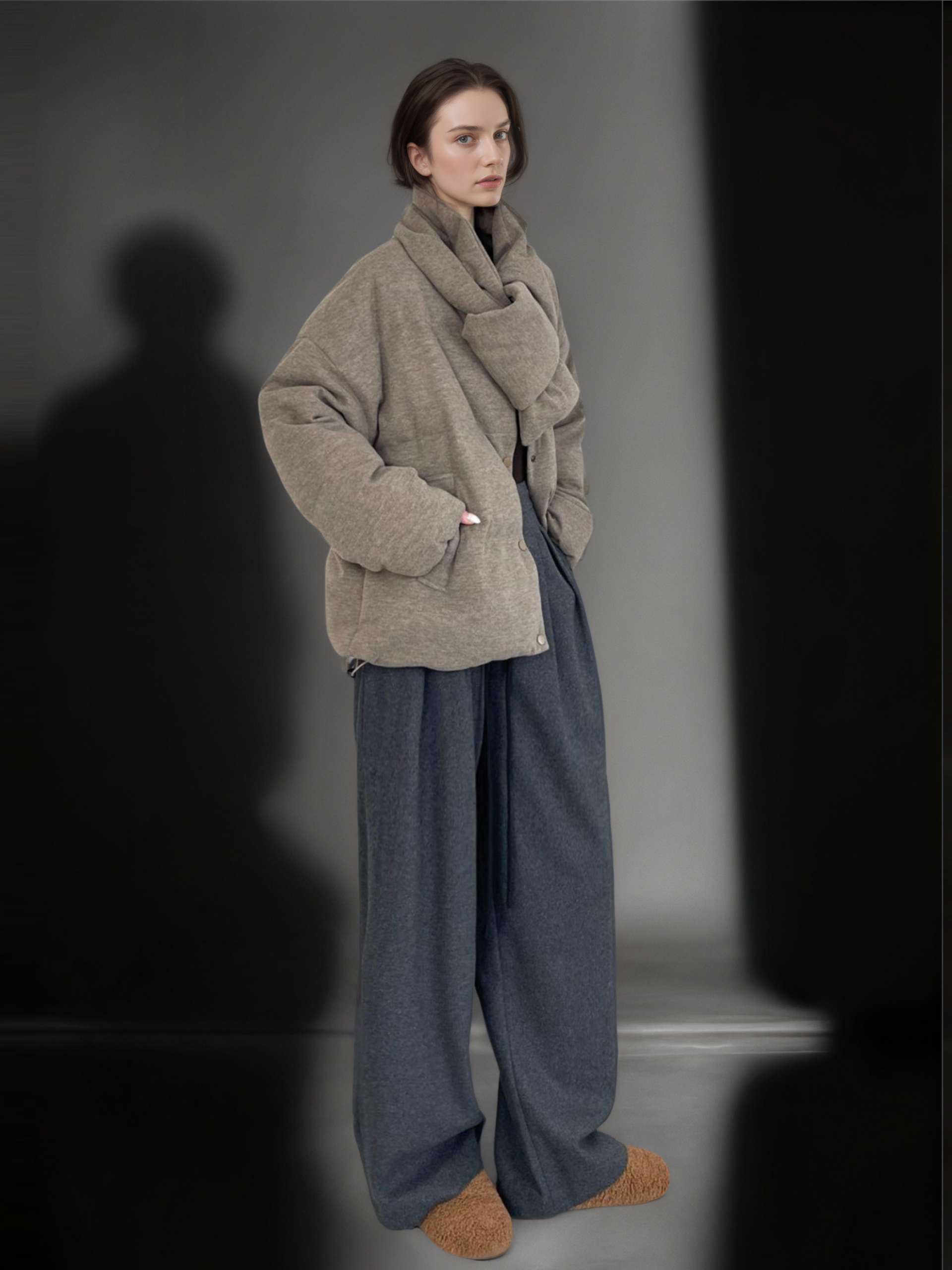 Women’s Ultra-Light Wool Yak Blend Down Jacket | 90% White Duck Down Warm Puffer Coat with Scarf Design