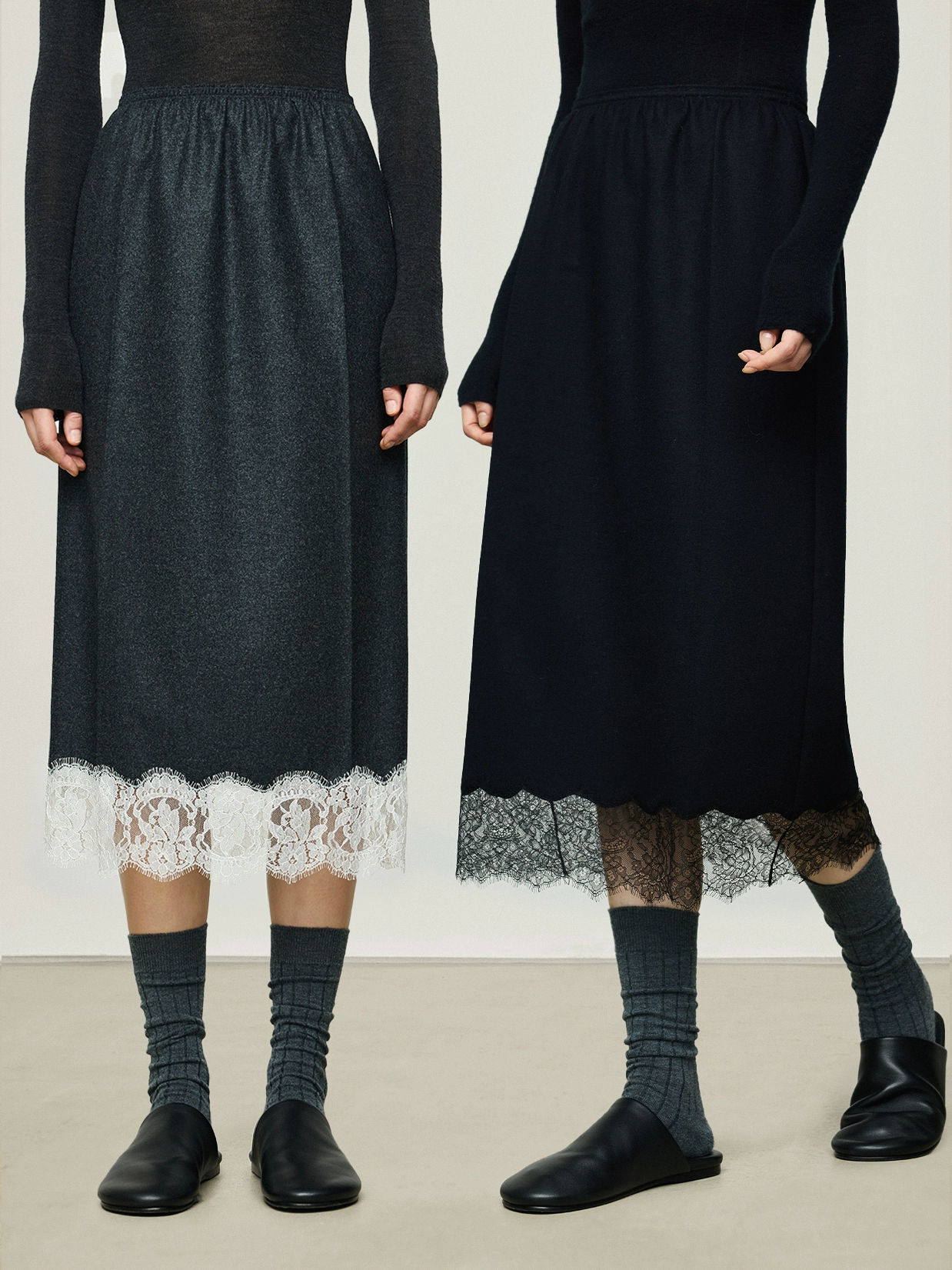 Italian VBC Wool Flannel Skirt for Women | French Lace, Elastic Waist, Straight Midi Skirt