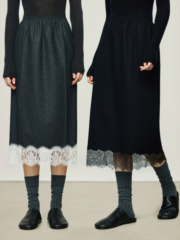Italian VBC Wool Flannel Skirt for Women | French Lace, Elastic Waist, Straight Midi Skirt
