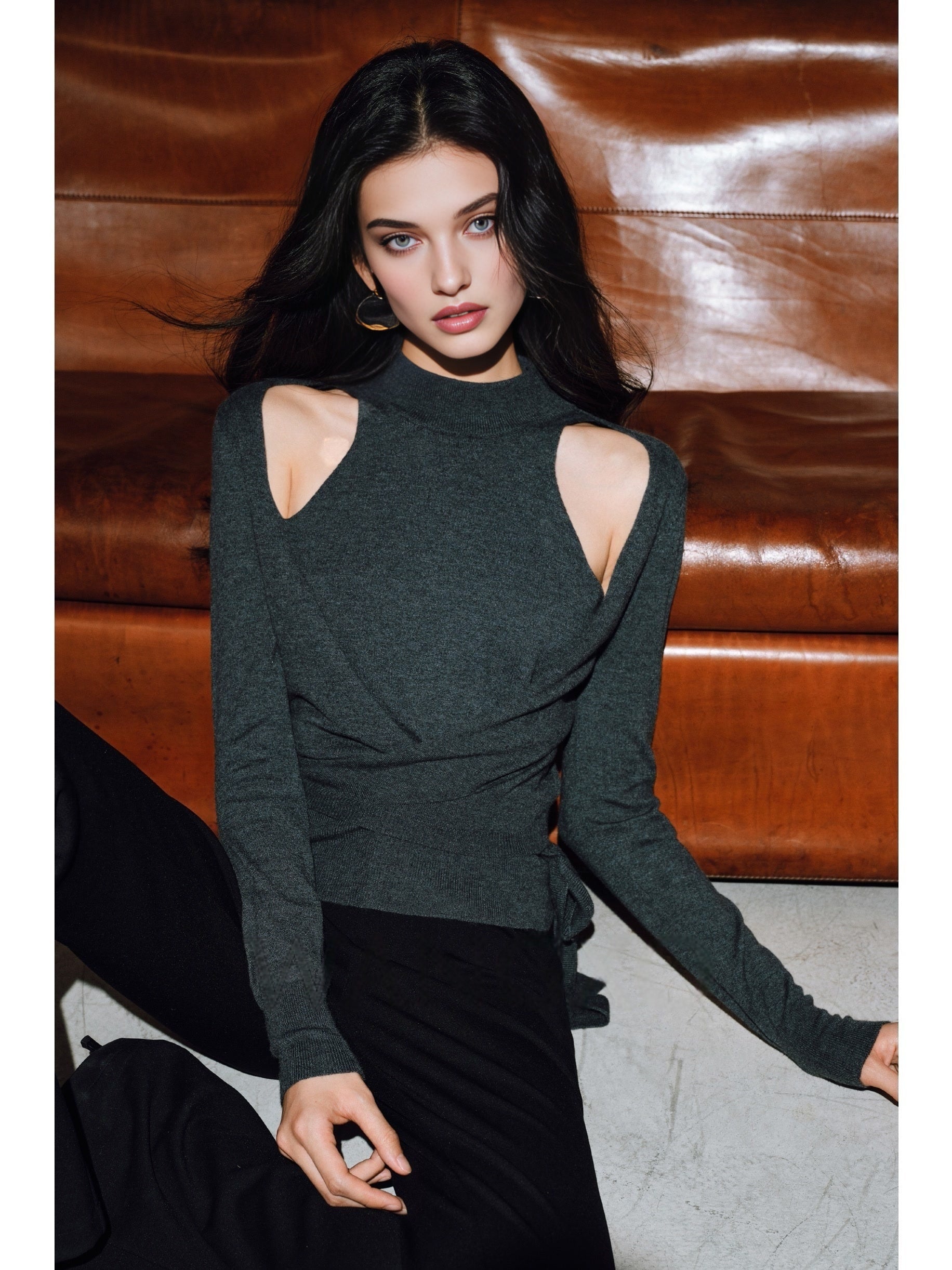 Ultra-Fine Australian Wool & High-Density Tencel Cross Tie Lazy Knit Sweater – Faux Two-Piece Design