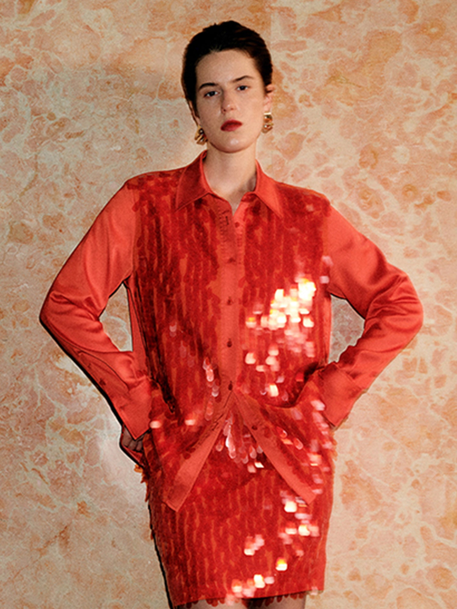 Red Christmas Party Satin Shirt with Teardrop Sequin Embellishments