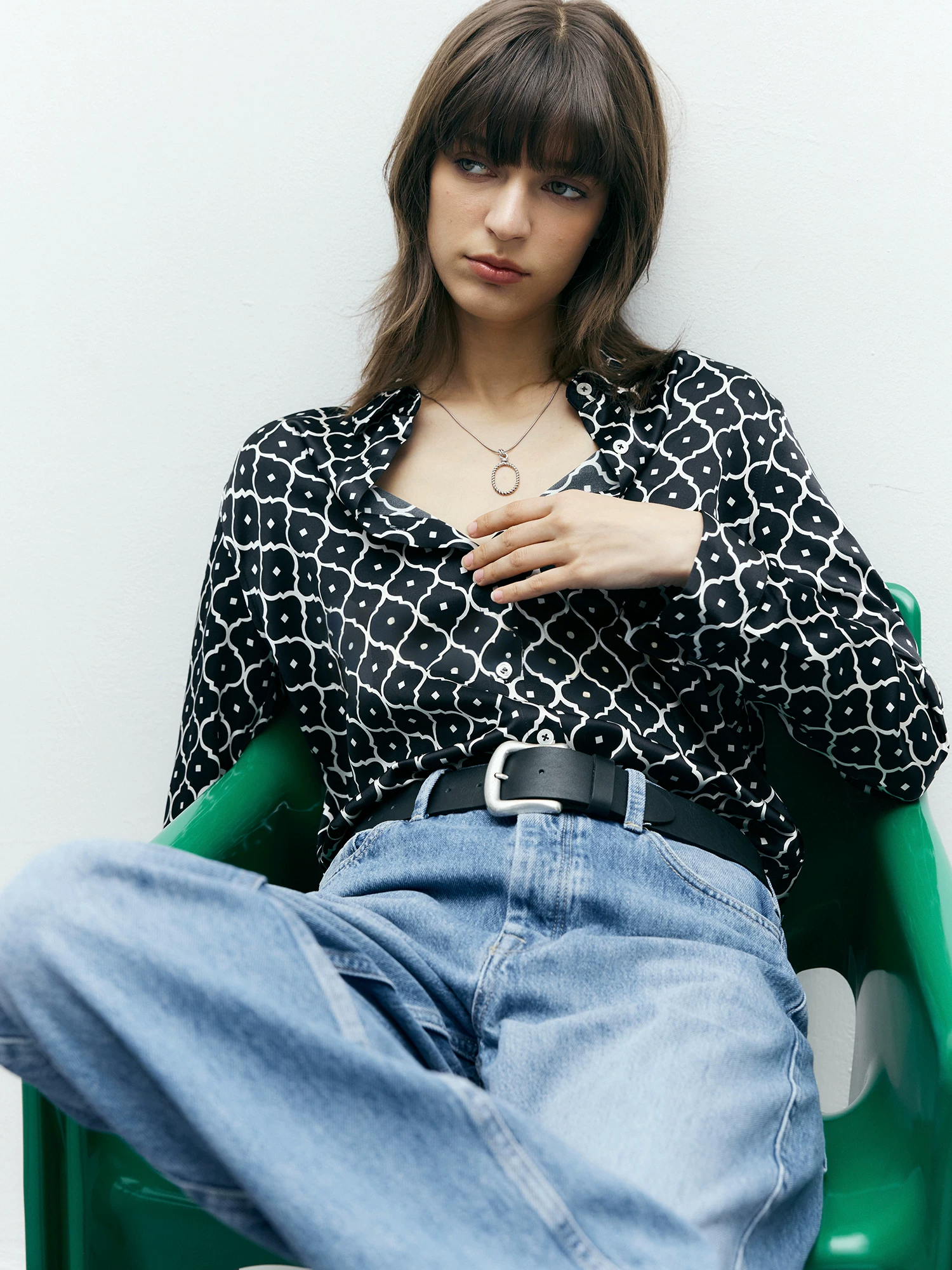 Women's Black Printed Mulberry Silk Blouse – Relaxed-Fit Collared Satin Office Shirt