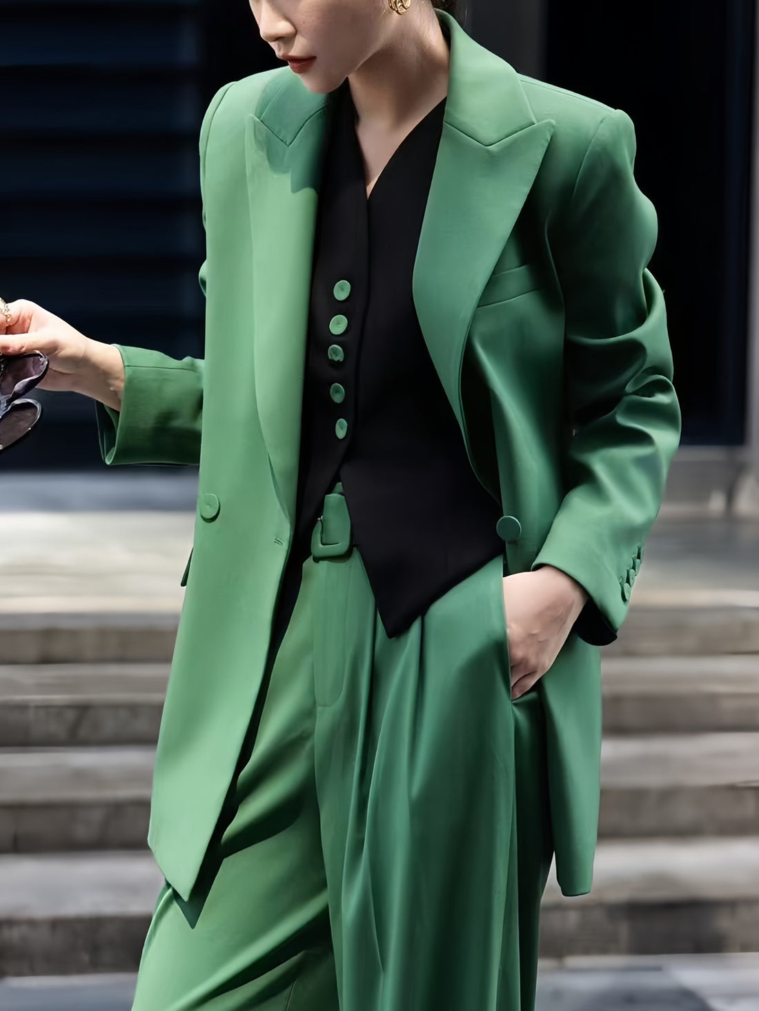 Luxury Custom Tailored Women's Suit Set | Designer Belted Vest, Blazer & Wide-Leg Trousers - Elegant Quiet Luxury Professional Three-Piece Outfit