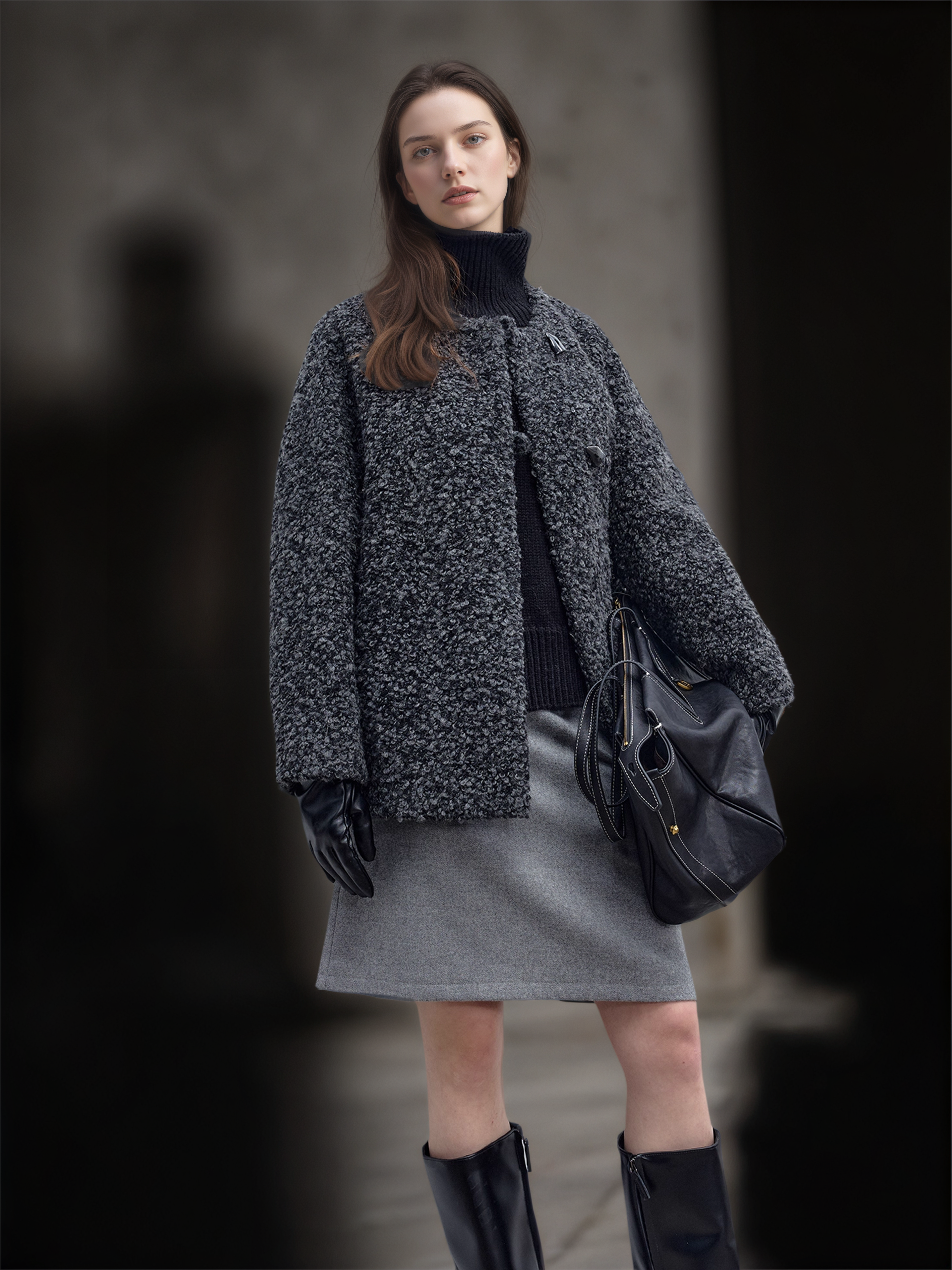 Women’s Short Wool Blend Coat with Alpaca Texture | Elegant Tweed Style Winter Jacket
