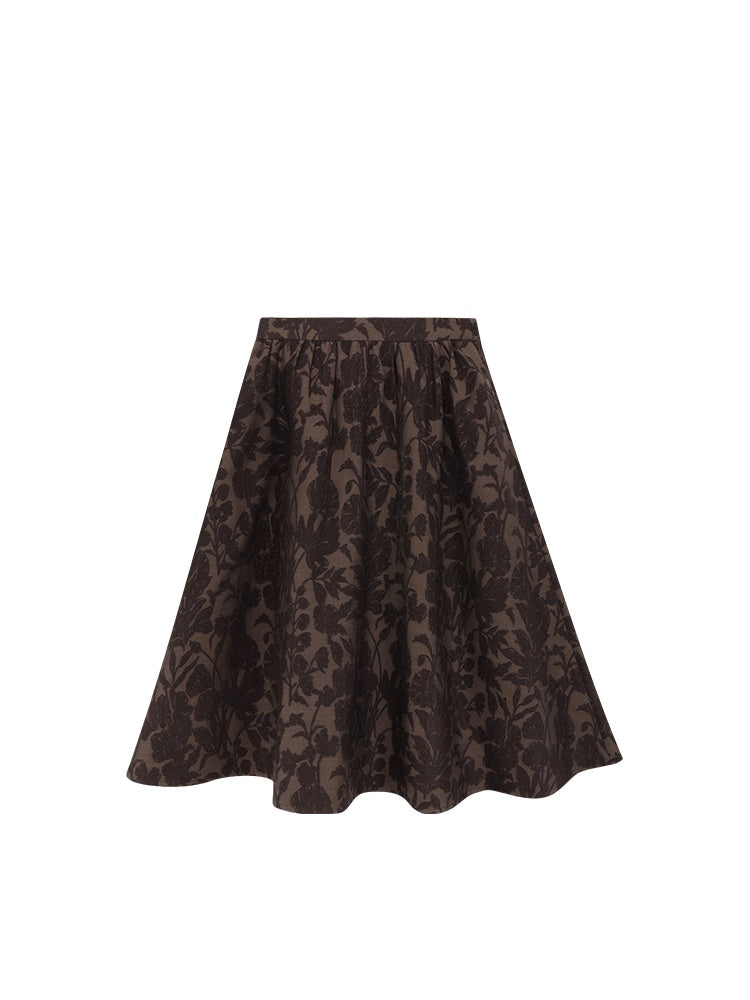 Elegant Wool Jacquard A-Line Midi Skirt – Flowy Silhouette with Elastic Waist