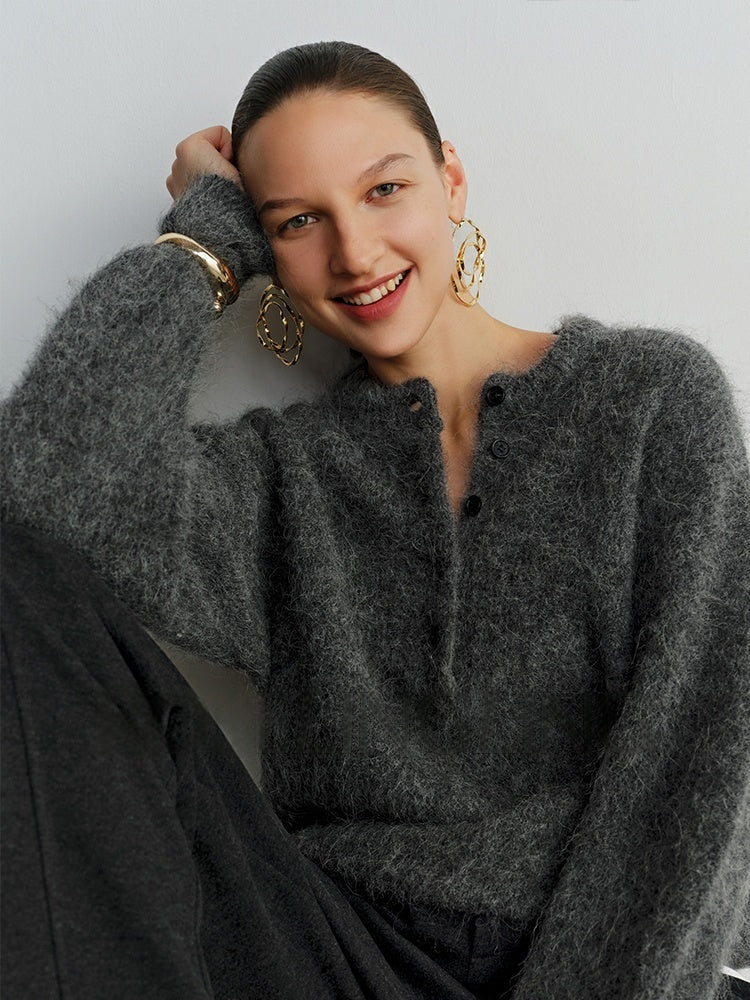 Relaxed Fit Henry Neck Alpaca Wool Sweater for Women – Cozy Loose Pullover with Soft, Luxurious Feel