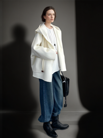 Women’s 100% Wool Hooded Coat | Loose Fit Double-Faced Woolen Cocoon Overcoat