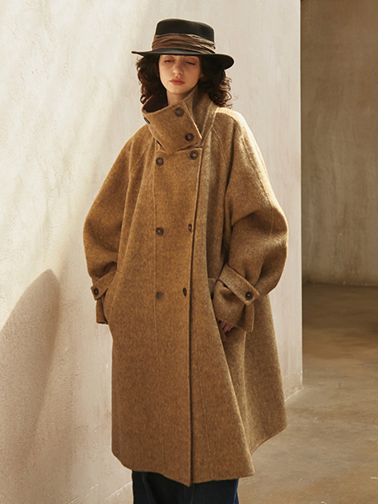 Vintage Double-Breasted Wool Cashmere Blend Coat for Women – Winter New Loose Silhouette, Mid-Length Double-Faced Wool Overcoat