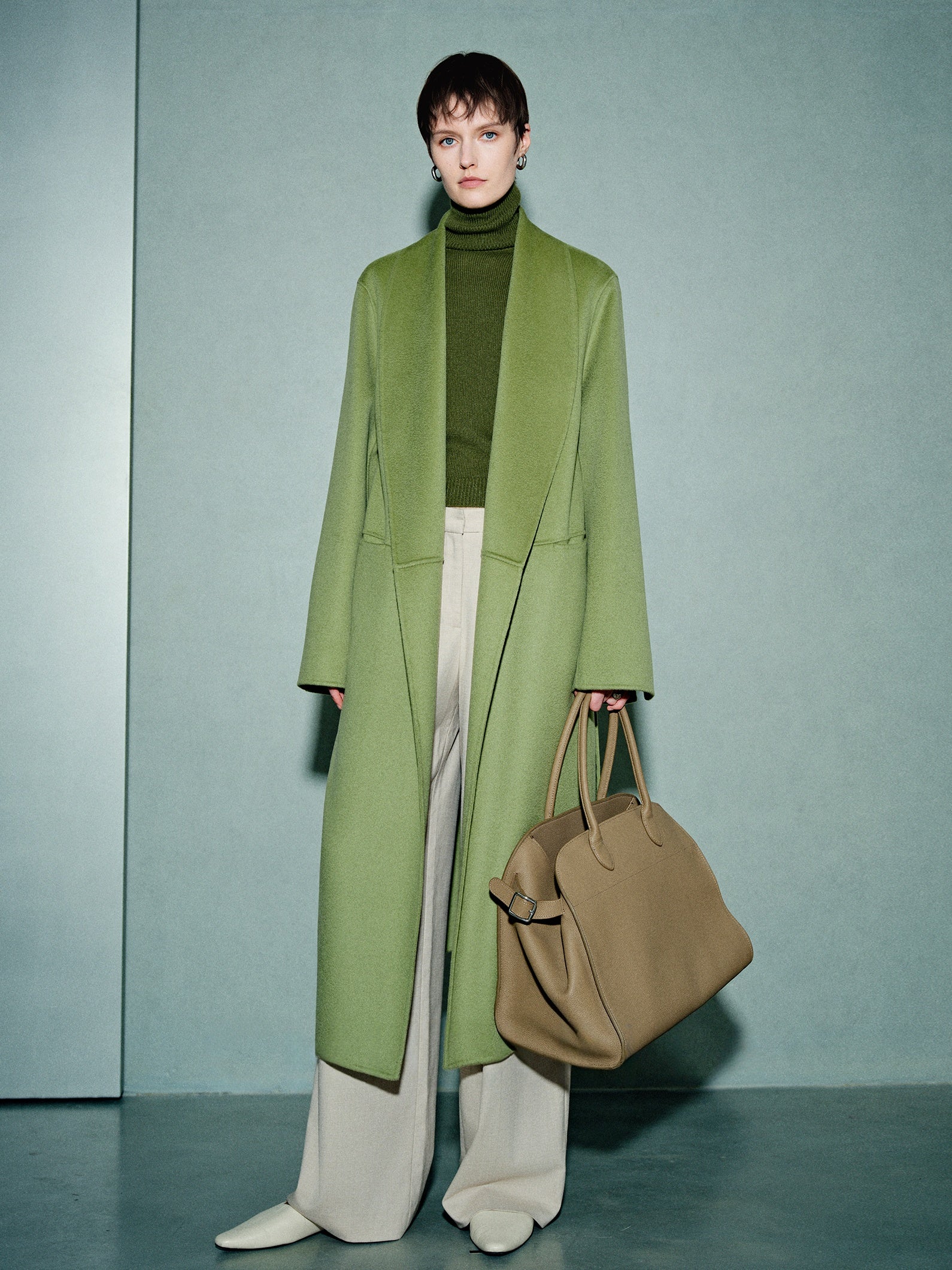 100% Cashmere Double-Faced Coat for Women – Elegant Moonlight Green Wool Overcoat