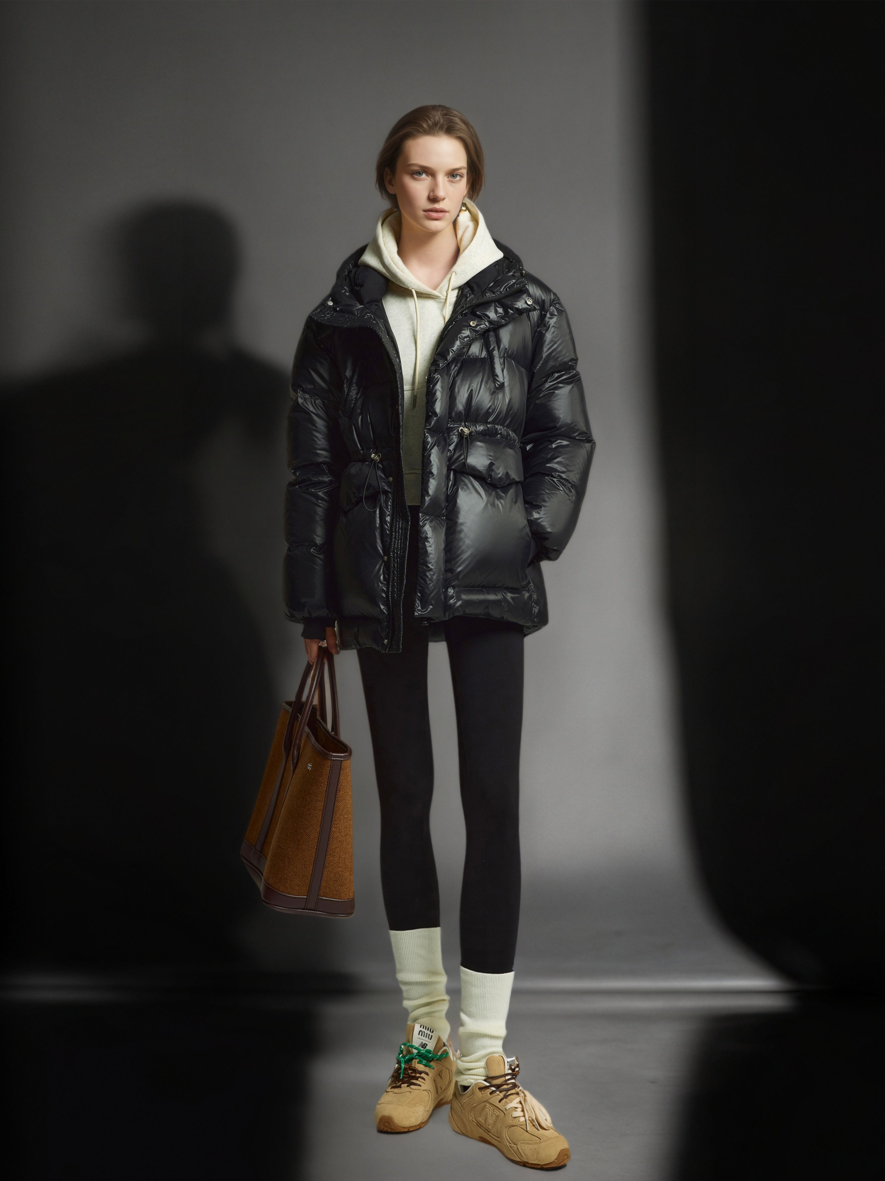 White Duck Down Hooded Puffer Coat – Drawstring Waist, Warm Thickened Loose Fit Winter Jacket for Women