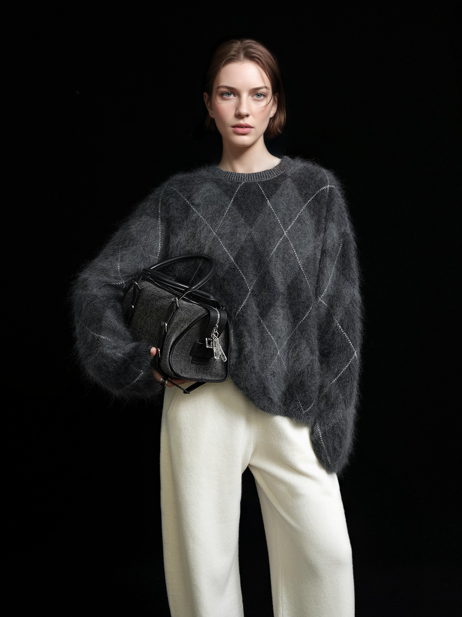 Heavyweight Brushed Knit Vintage Diamond-Pattern Sweater for Women