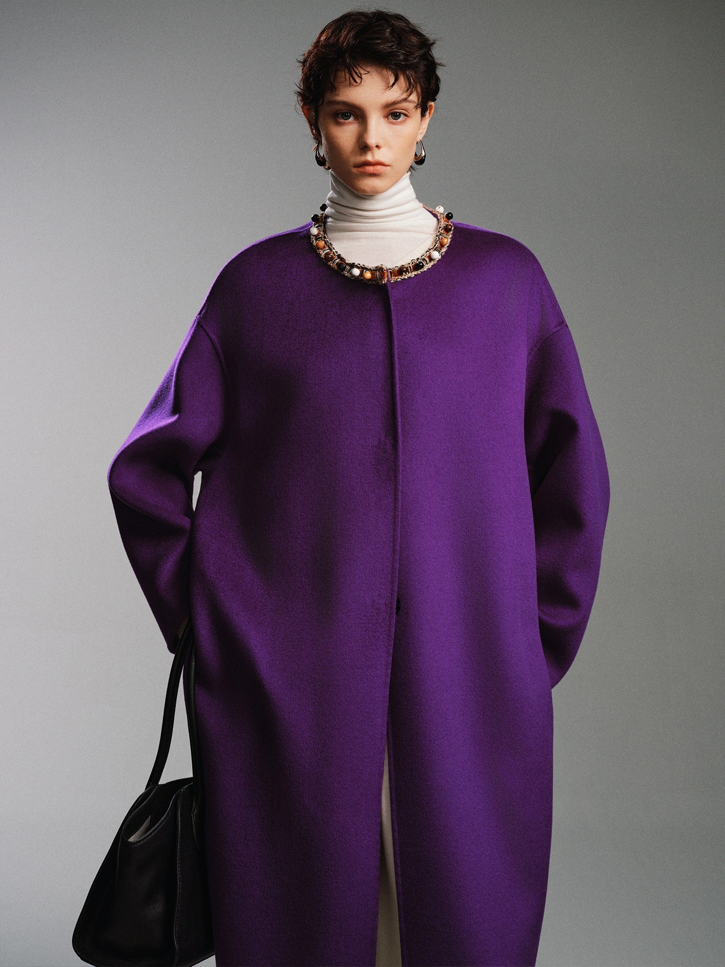 20% Cashmere Original Design Double-Faced Wool Coat for Women – Beaded Embellished Mid-Length Overcoat