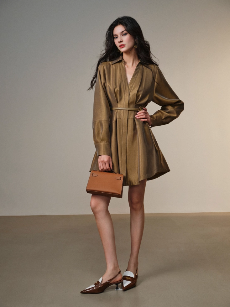 Lustrous Jacquard Satin Shirt Dress for Women – Belted Waist A-Line Mini Dress with Refined Sheen