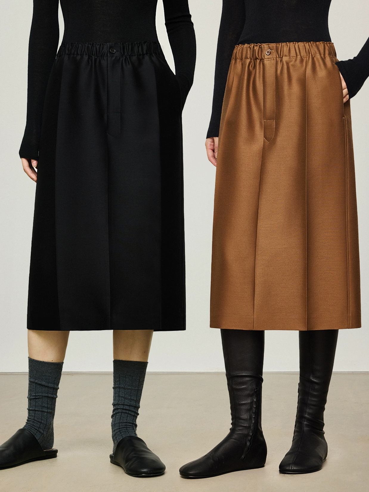 45mm Heavyweight Silk-Wool Luxe Skirt | Minimalist Straight Midi Skirt with Elastic Waist & Button Placket