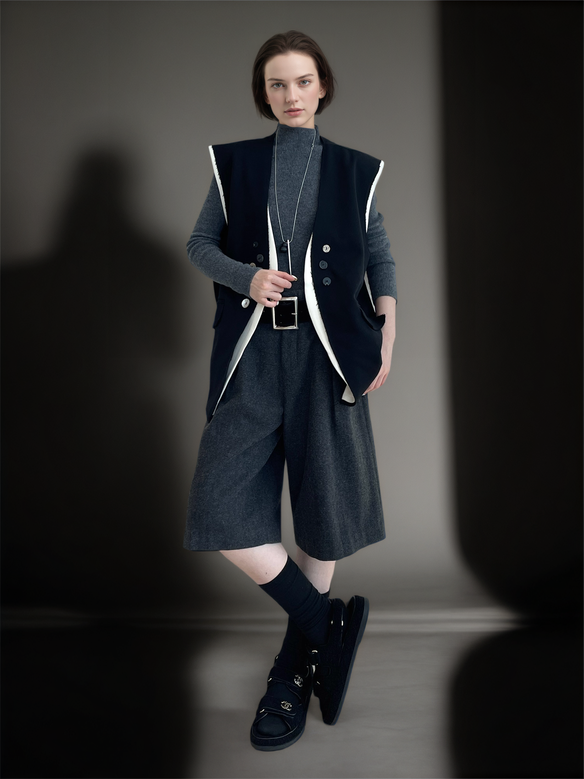 Two-Piece Style Blazer Vest for Women | Contrast Stitching Multi-Button Sleeveless Waistcoat