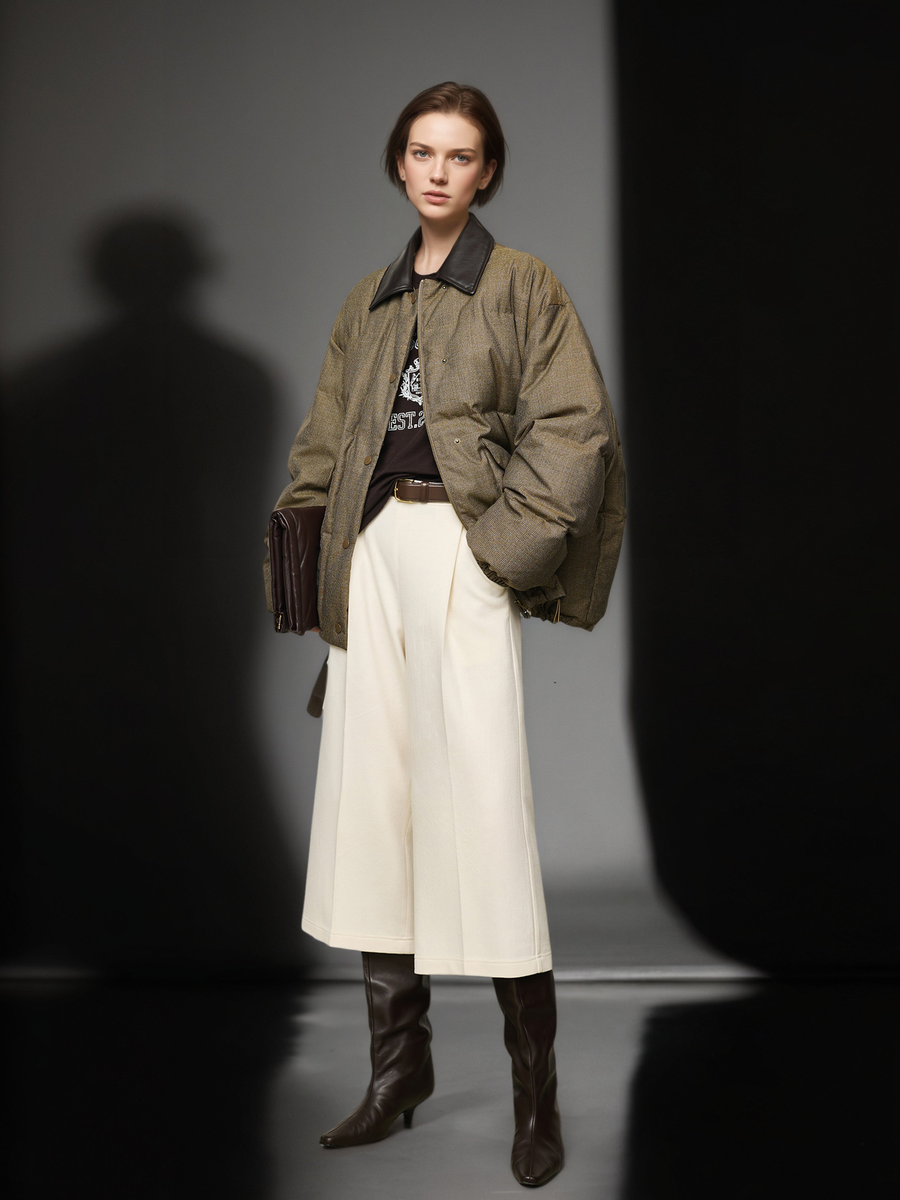 95% White Goose Down Lightweight Puffer Jacket for Women with Leather-Trim Collar and Relaxed MIU-Inspired Design