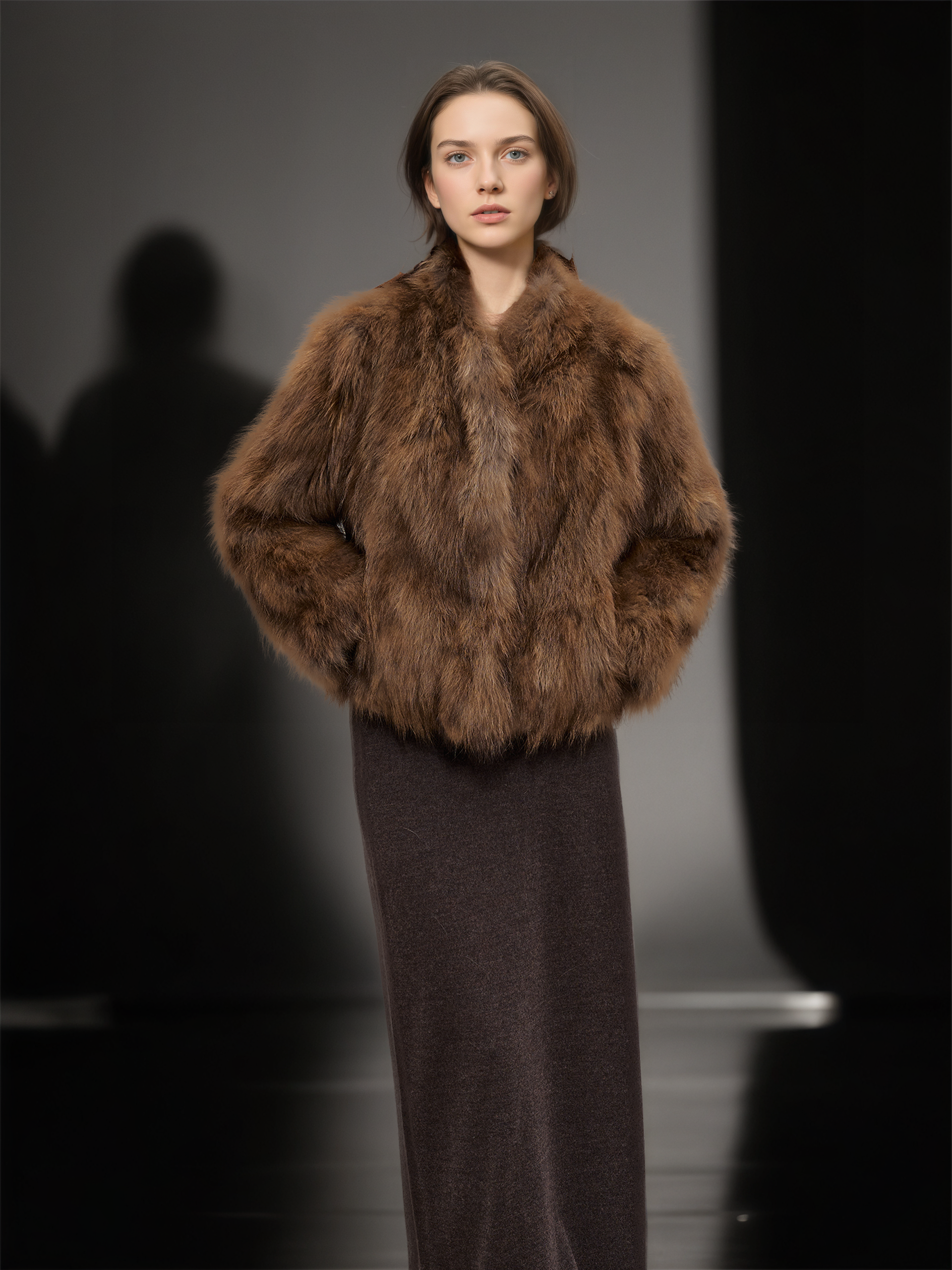 Women’s Raccoon Fur Jacket | Short Two-Tone Ombre V-Neck Winter Coat