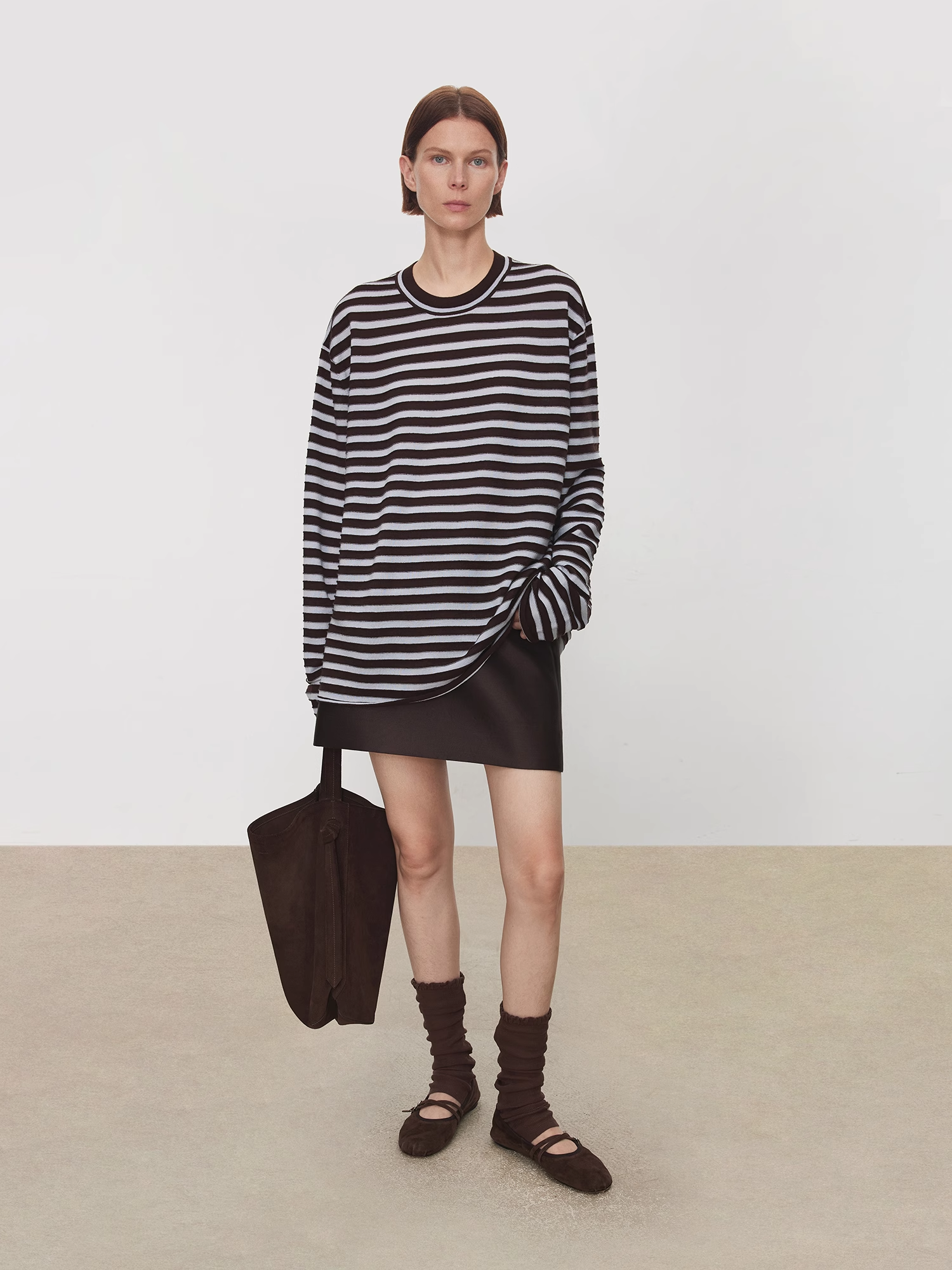 Minimalist Wool Striped Base Layer Top for Women – Coffee Brown & Soft Pink Fashion Knit