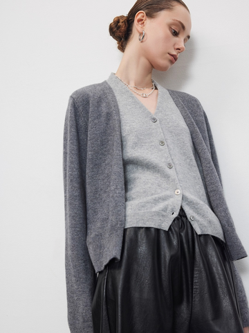 Layered V-Neck Contrast Trim Cardigan Jacket | Gray Wool Knit Unique Fall Top