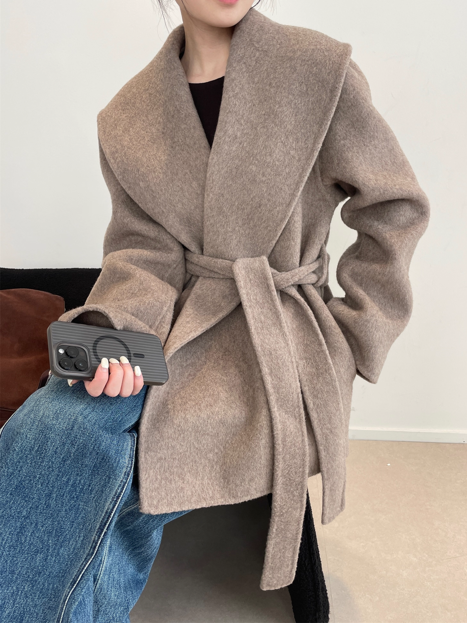 Wool Lyocell Wrap Coat for Women | Double-Faced Wool Overcoat with Lapel Collar, Relaxed Fit Winter Style