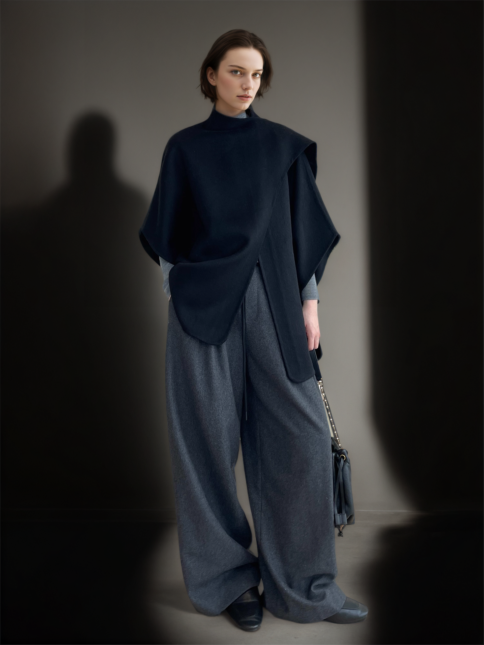 Tencel Wool Double-Faced Shawl Cape Coat for Women | Asymmetric Art-Inspired Deconstructed Design