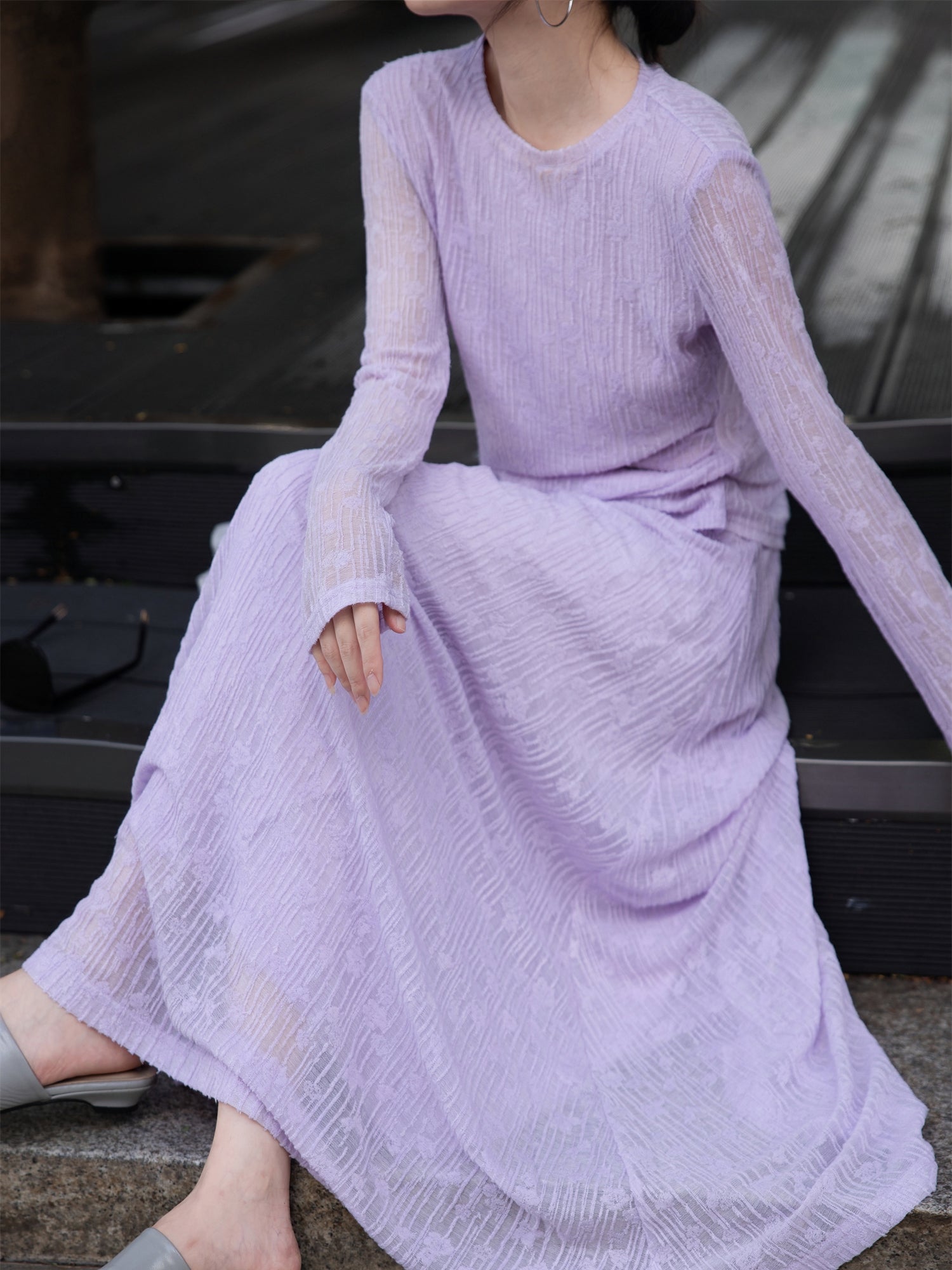 Early Autumn Violet Wool Set – Textured Tweed Top & Skirt Two-Piece