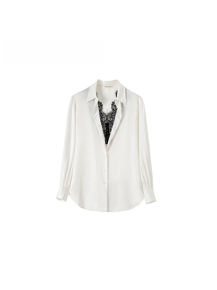 Elegant 22MM Silk Crepe de Chine Shirt – Draped Lace Spliced Faux Two-Piece Design