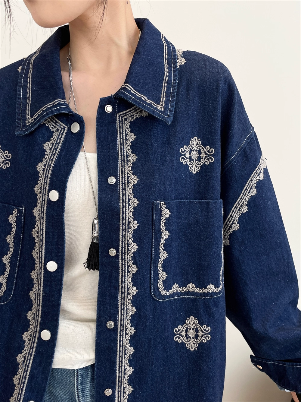 Women’s Vintage Embroidered Cotton Shirt Jacket | Enzyme-Washed Heavy Cotton Overshirt in Exclusive Custom Color