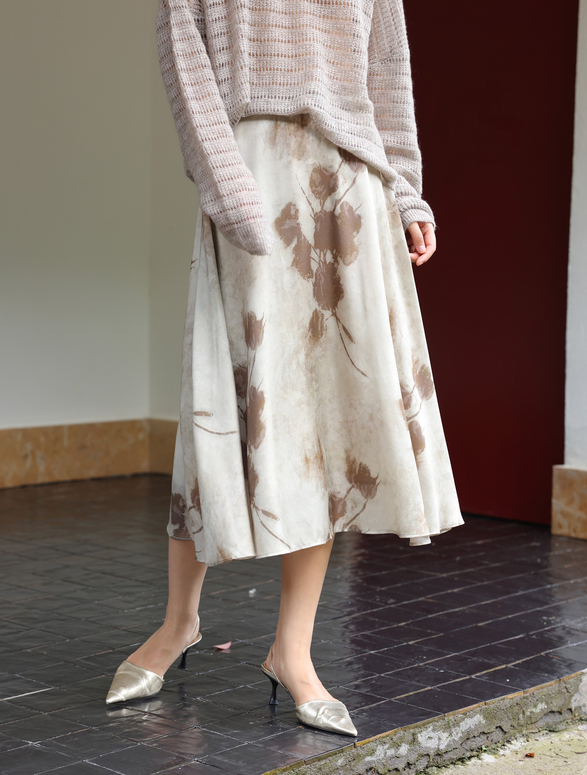 Lyocell Fiber Misty Floral Print Elegant A-Line Skirt | Airy, Graceful A-Line Midi Skirt for Women