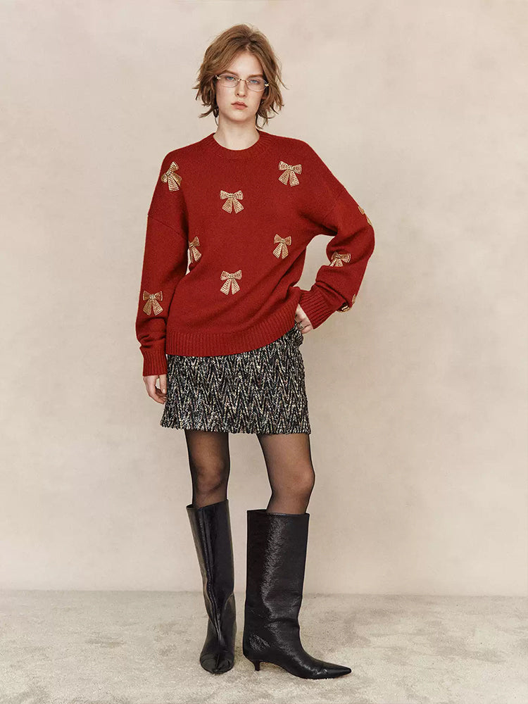 Christmas Collection Beaded Wool Sweater for Women – 100% Merino Wool Crewneck with Bow Detail