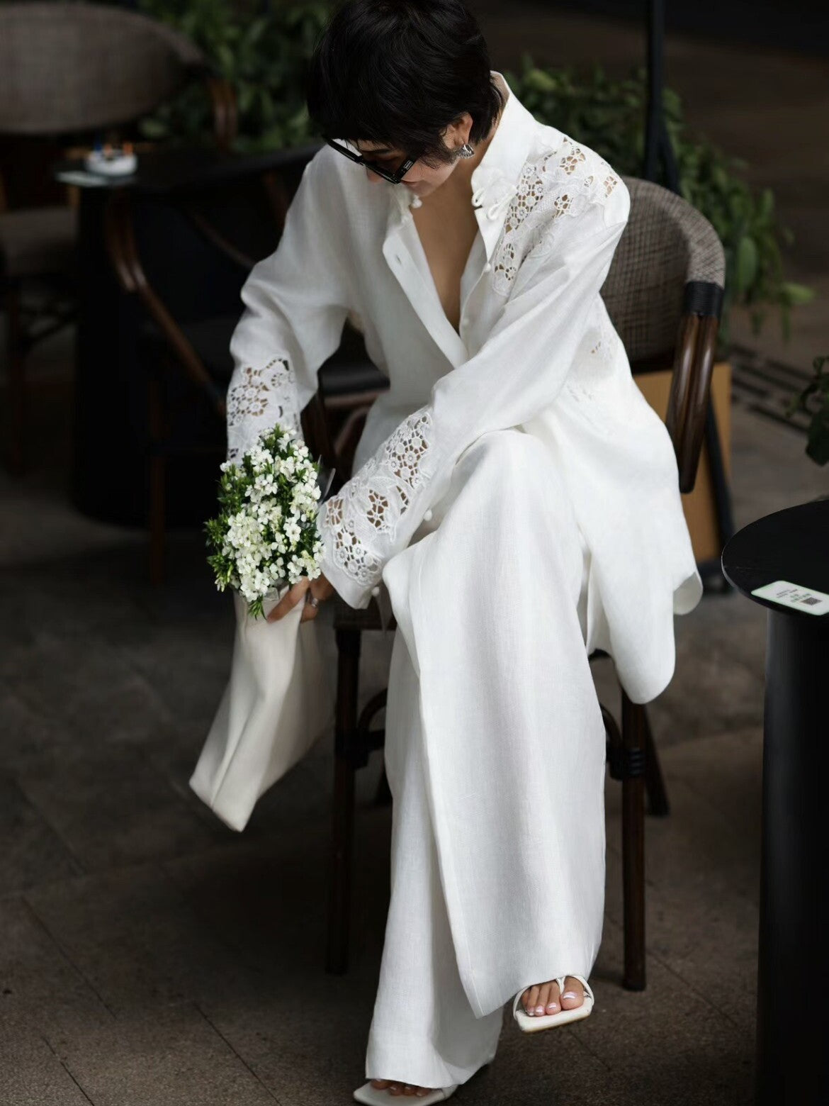 Premium Autumn Linen Set – Artisanal Hollow-Out Blouse & Wide-Leg Pants