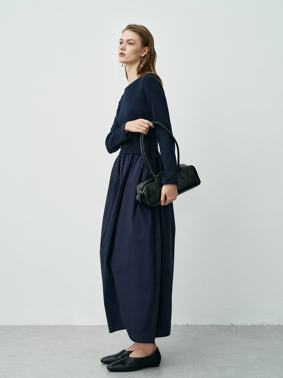 Women's Minimalist Smart-Style Long-Sleeve T-Shirt Dress with Cotton-Feel Panels – Elegant Maxi Bubble Skirt