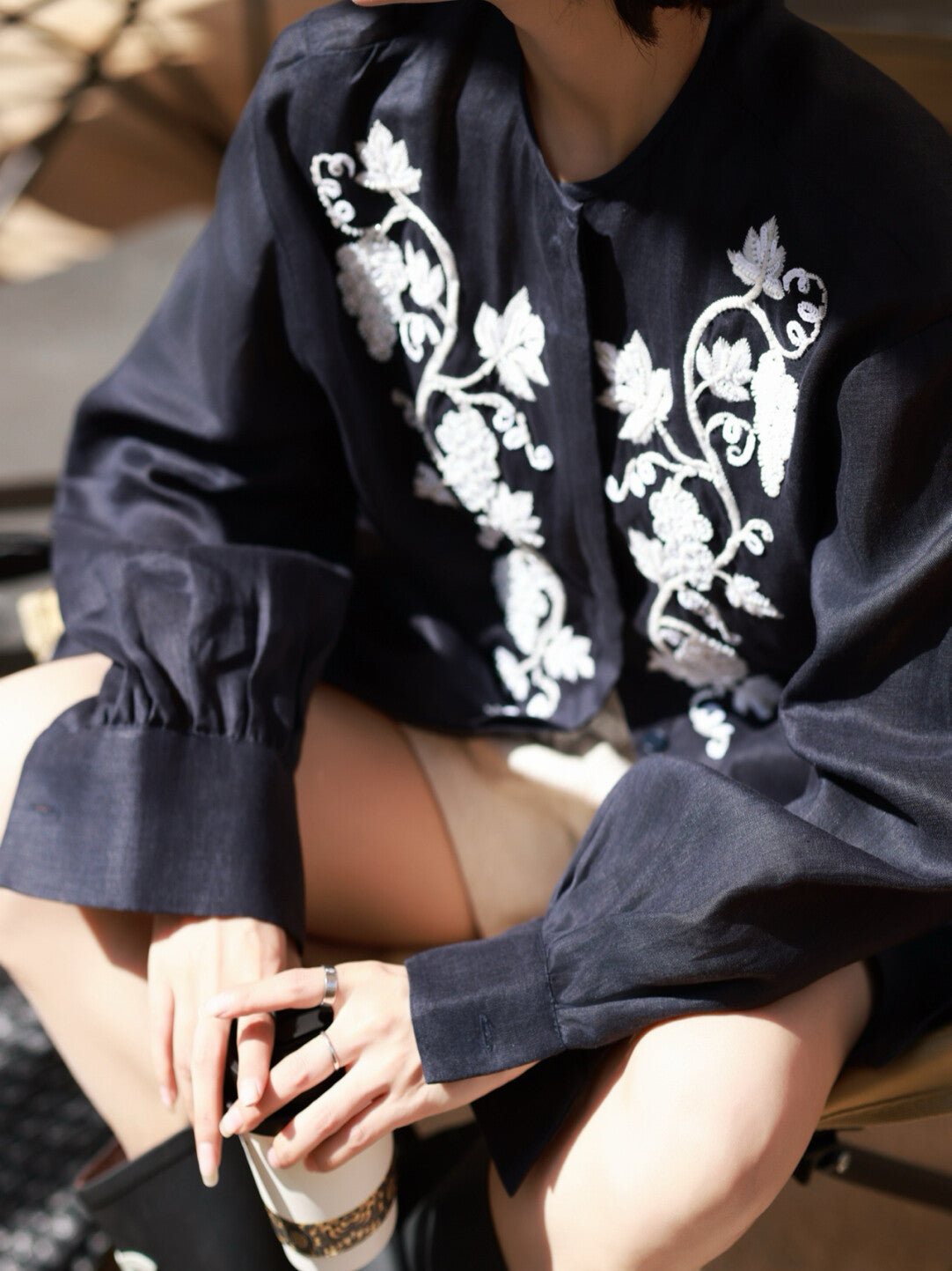 Early Autumn Minimalist Blouse – Round Neck with Heavy Beaded Embroidery